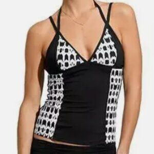 Athleta Tiki Tankini Halter Swim Top Sz L Black Geometric Abstract Beach Pool